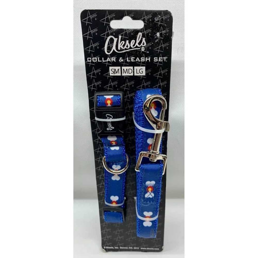 AKSELS Collar‎ & Leash Combo Set 4 Small Dogs Blue with Little White Bone Prints